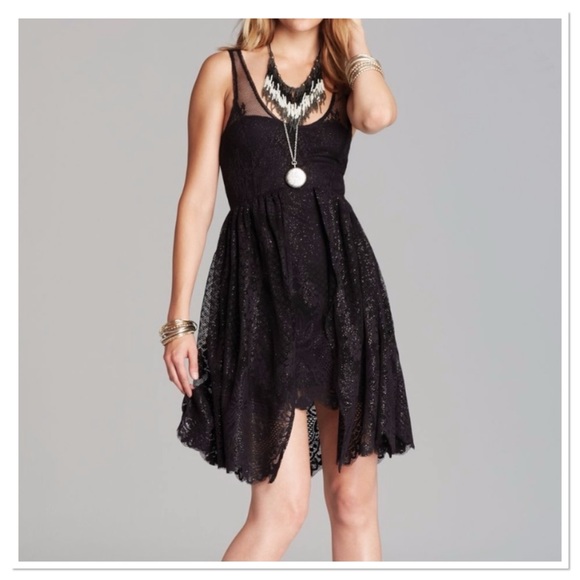 Free People Dresses & Skirts - Free People Salinas Lace Foil Print Dress Black Gold Metallic Size 0